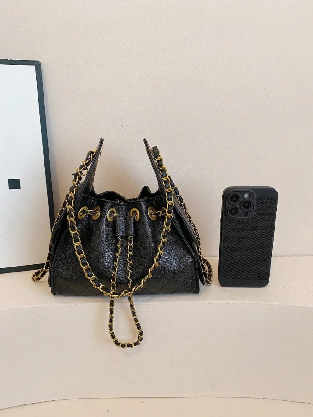 Black Casual Women's Rhombus Embroidery Small Square Dual Chain Crossbody Bag